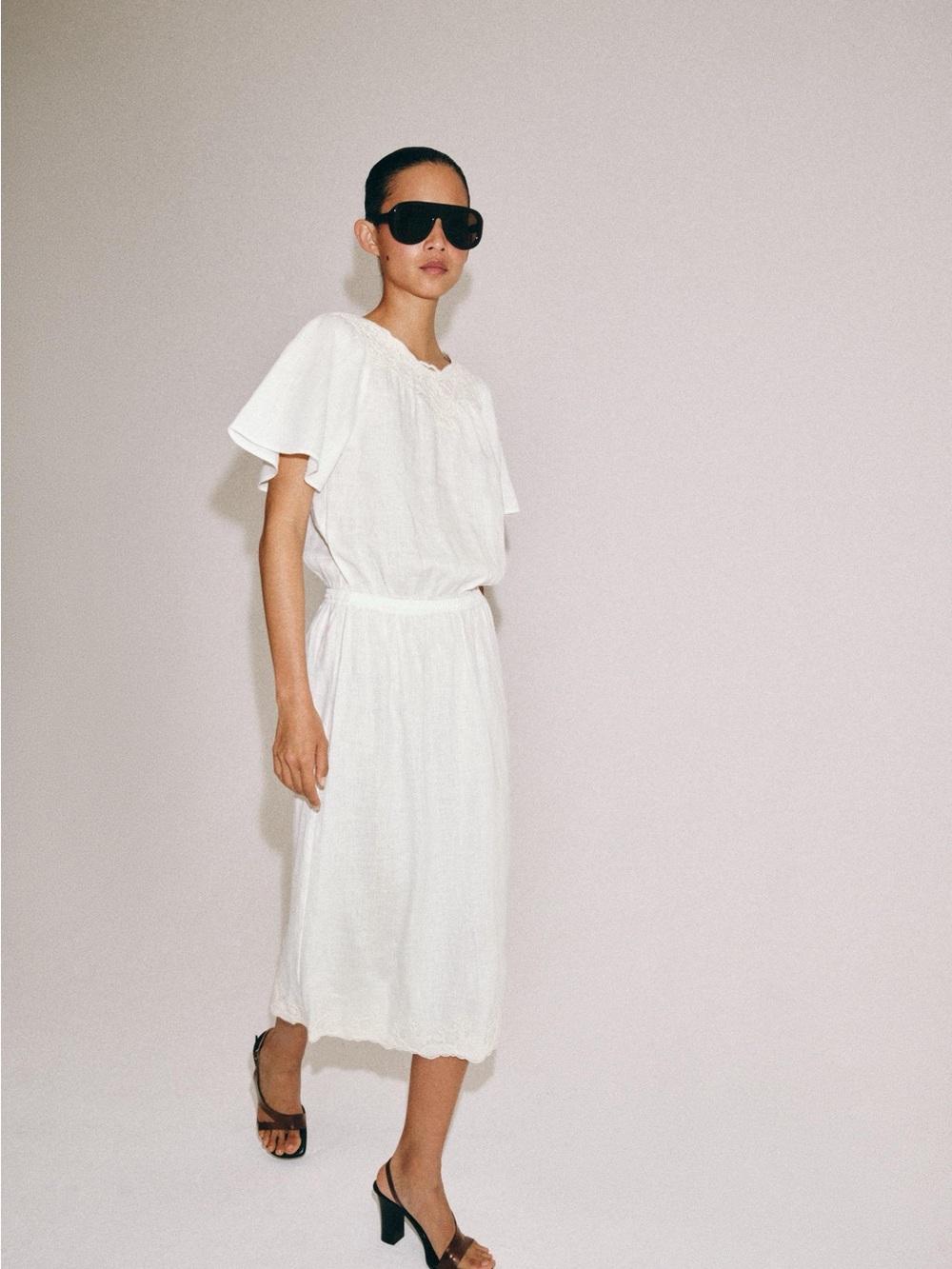 Zara White Midi Dress with Lace Yoke